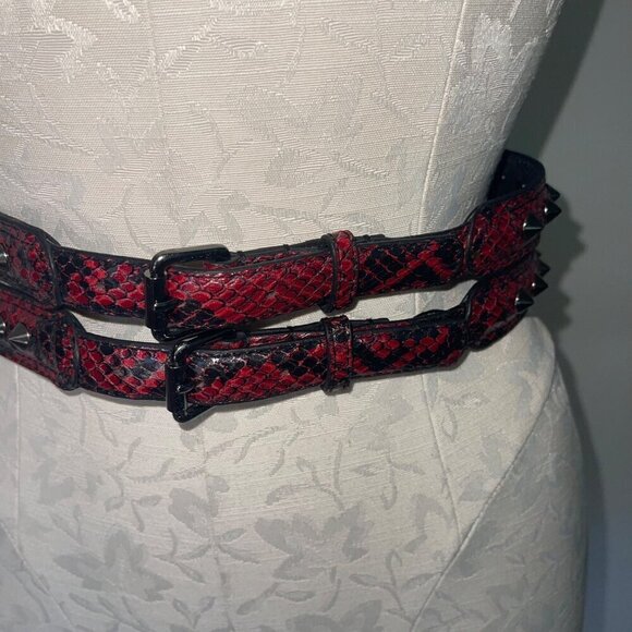 Bcbg Womens Belt Size Small Red Studded Snake Pattern Wide Two Buckles Statement main image 6